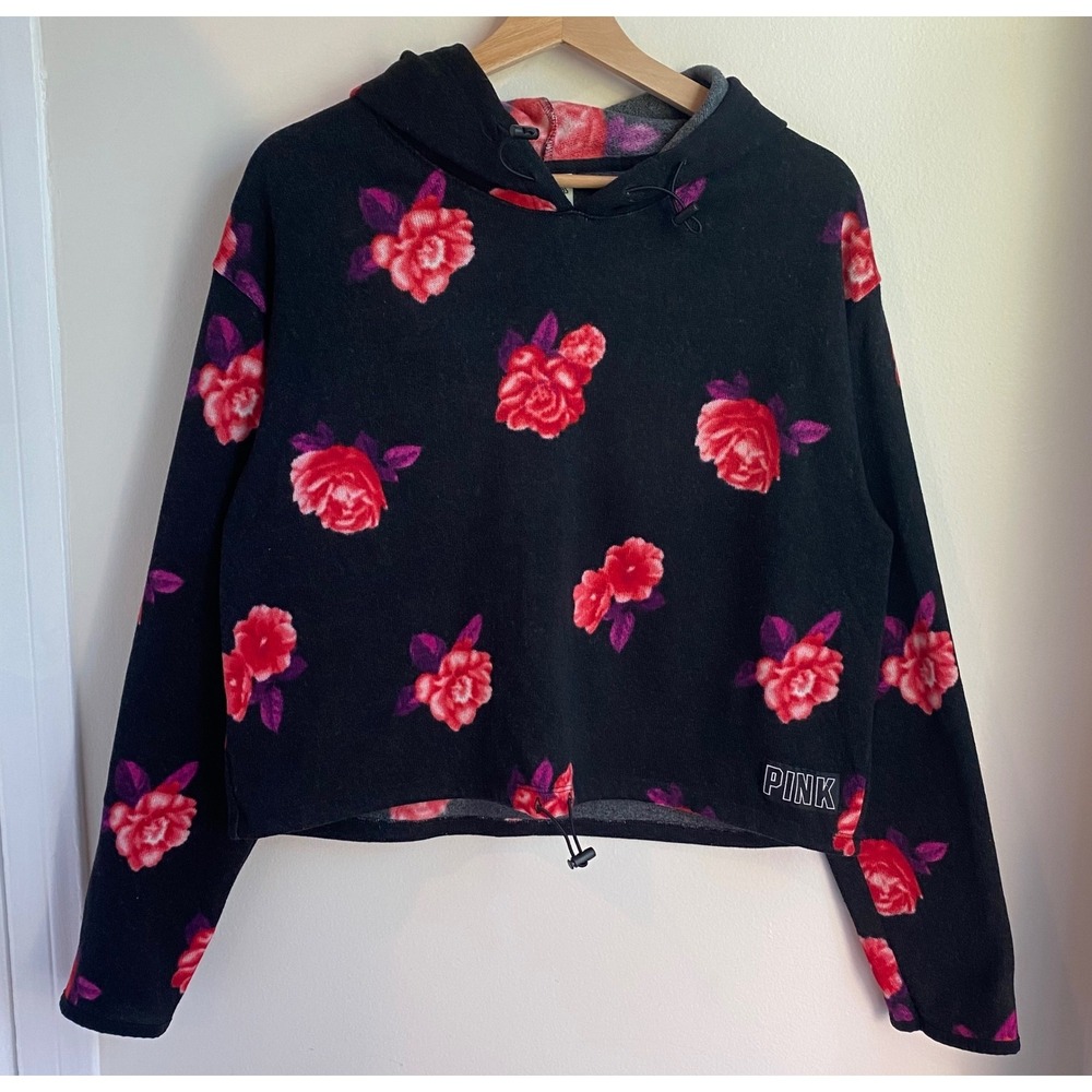 PINK Victoria's Secret Pullover Hoodie Women Large Black Floral Fleece Crop Y2K